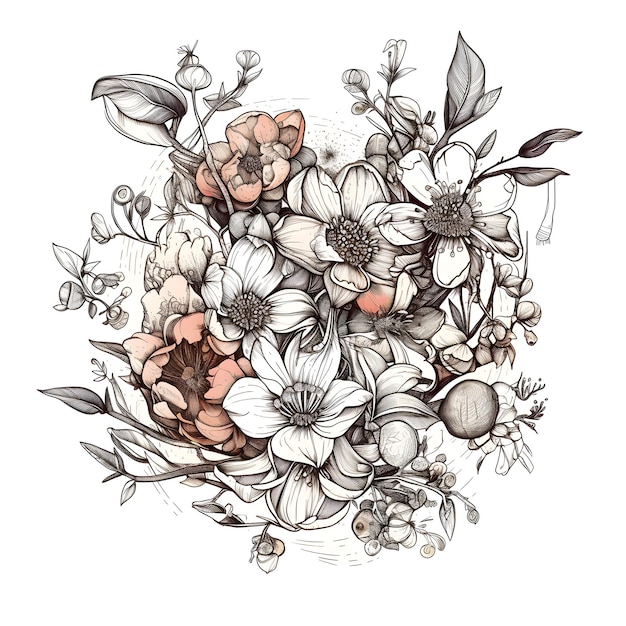 Eine Zeichnung eines Blumenstraußes mit weißem Hintergrund.