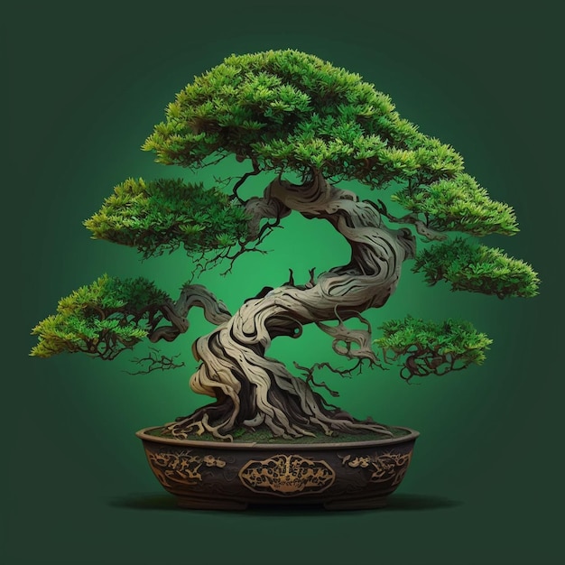 Eine Zeichnung eines Bonsai-Baums in einem Topf mit grünem Hintergrund.