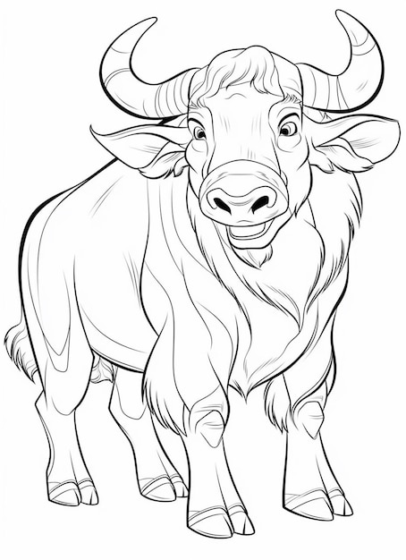 Eine Zeichnung eines Büffels mit großen Hörnern und einem generativen langen Horn