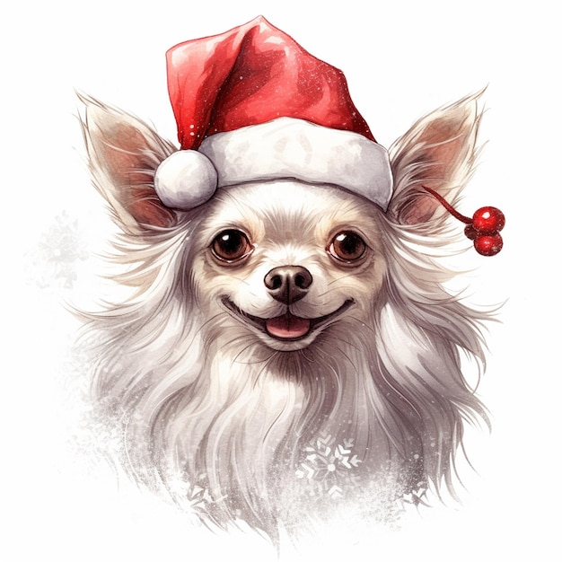 Eine Zeichnung eines Chihuahua, der eine Weihnachtsmütze trägt.