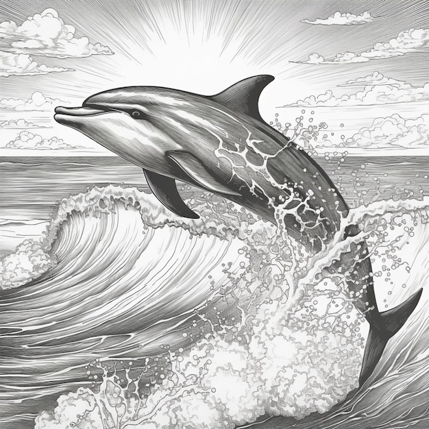 Eine Zeichnung eines Delfins, der aus dem Wasser springt