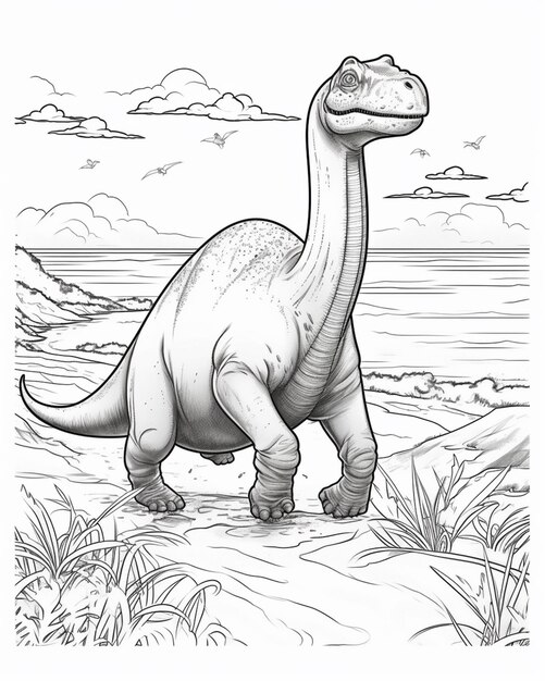 eine Zeichnung eines Dinosauriers, der im Sand in der Nähe des Ozeans spazieren geht