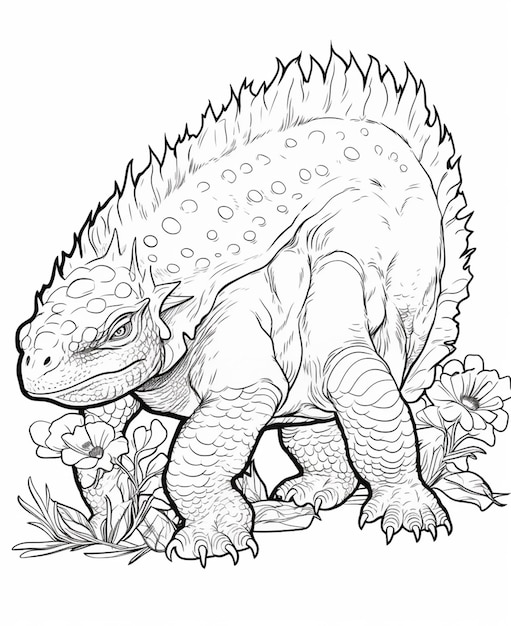 Foto eine zeichnung eines dinosauriers mit großem kopf und großem schwanz, generative ki
