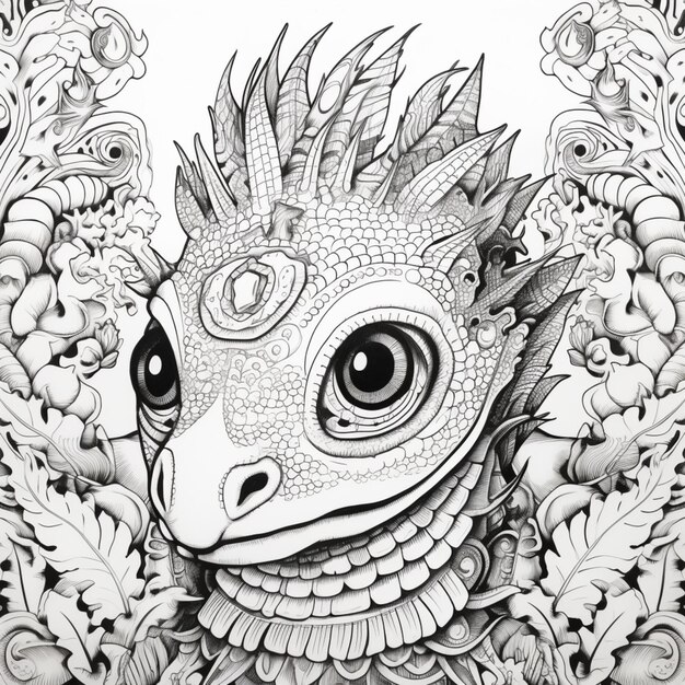 eine Zeichnung eines Drachen mit einem großen Auge und einem Blumenrand, generative KI