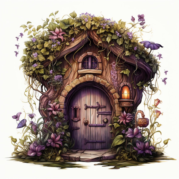 eine Zeichnung eines Feenhauses mit einer Tür und einer Tür, auf der „die Magie“ steht.
