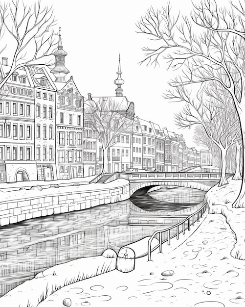eine Zeichnung eines Flusses, der durch eine Stadt mit einer Brücke fließt