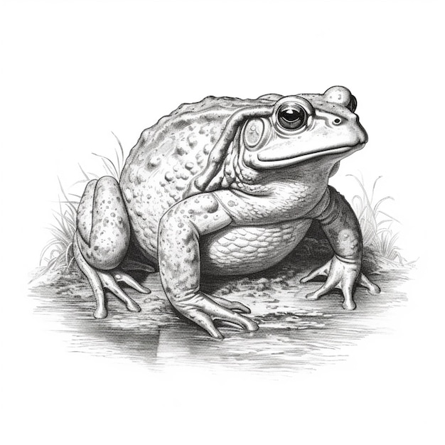 eine Zeichnung eines Frosches, der mit geöffneten Augen auf dem Boden sitzt