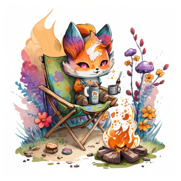 Eine Zeichnung eines Fuchses, der am Feuer Kaffee trinkt.