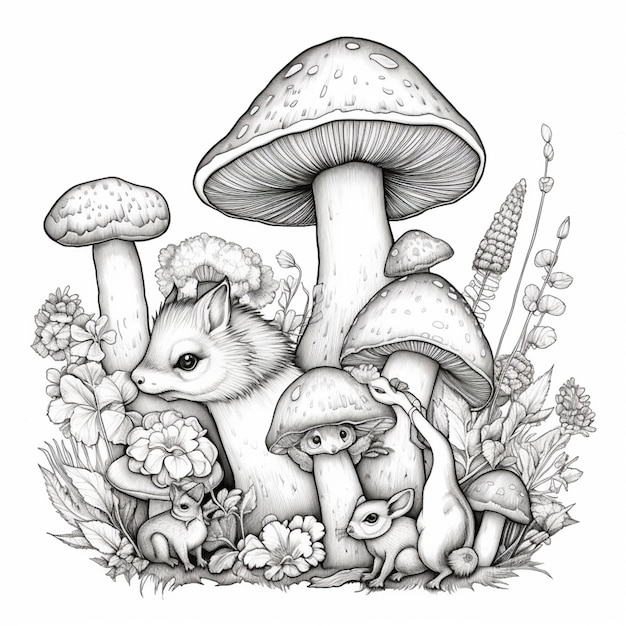 Eine Zeichnung eines Fuchses und einer Maus, umgeben von Pilzen.