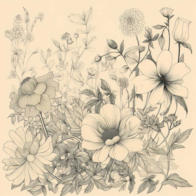 Eine Zeichnung eines Gartens mit Blumen