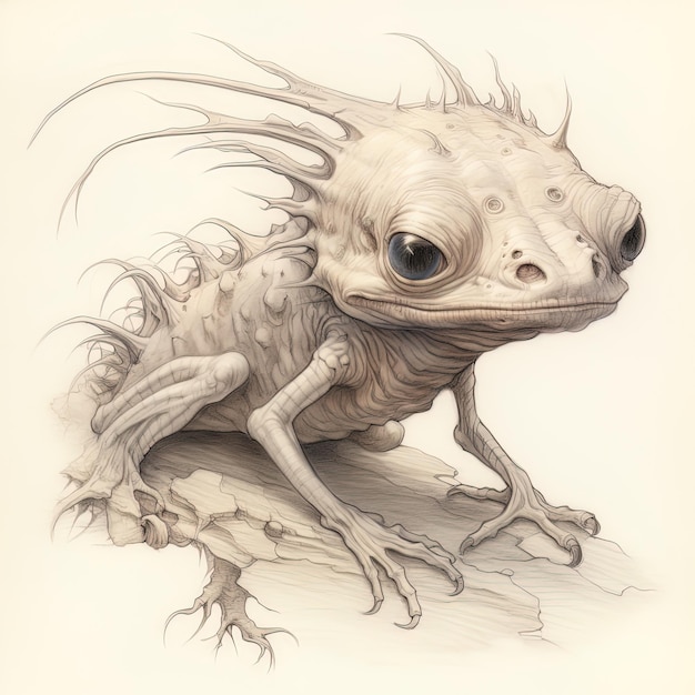 eine Zeichnung eines Geckos mit einer Zeichnung einer Kreatur mit großem Kopf.
