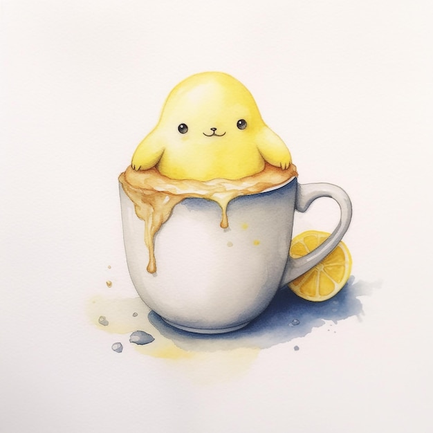 Eine Zeichnung eines gelben Vogels in einer Tasse mit einer Orangenscheibe darauf.