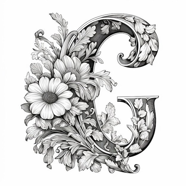Eine Zeichnung eines Großbuchstabens g mit Blumen und Blättern, generativ ai