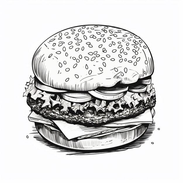 Foto eine zeichnung eines hamburgers mit käse und salat generativ ai