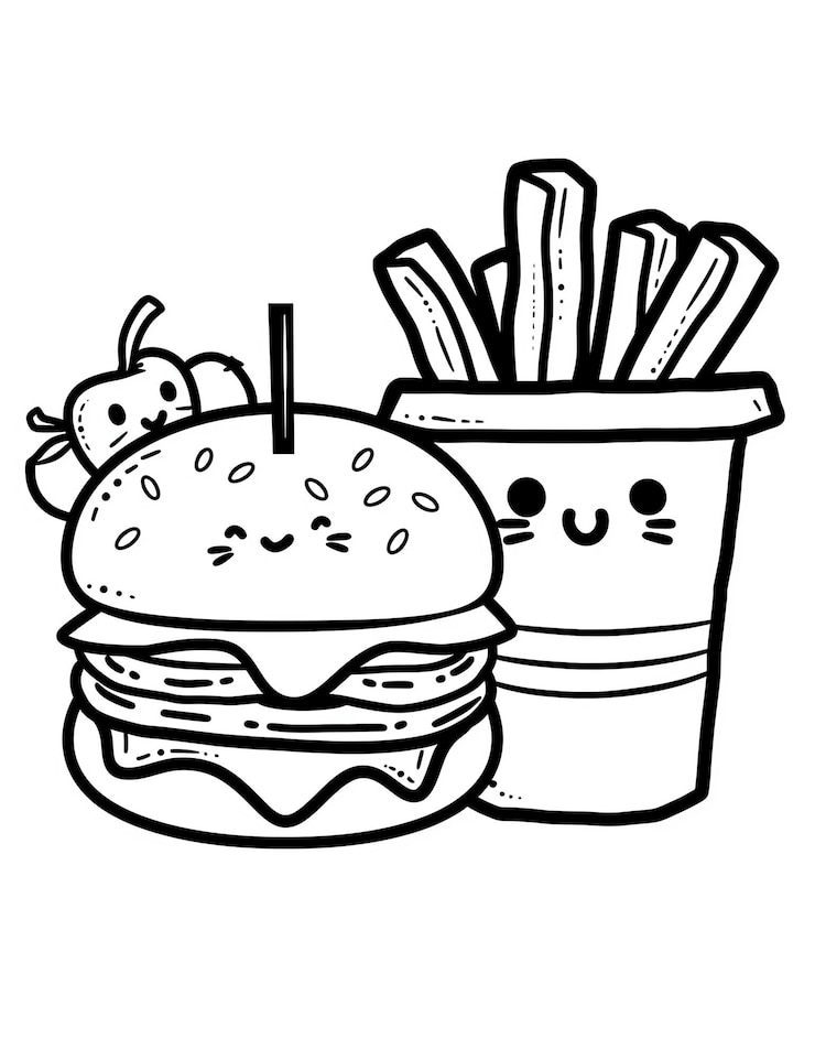 eine Zeichnung eines Hamburgers und einiger Utensilien
