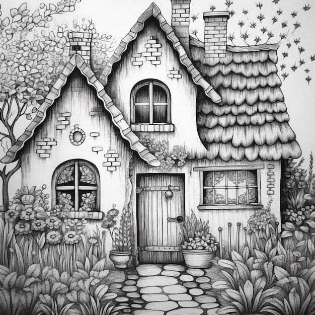 eine Zeichnung eines Hauses mit einem Garten und einem Weg mit generativer KI