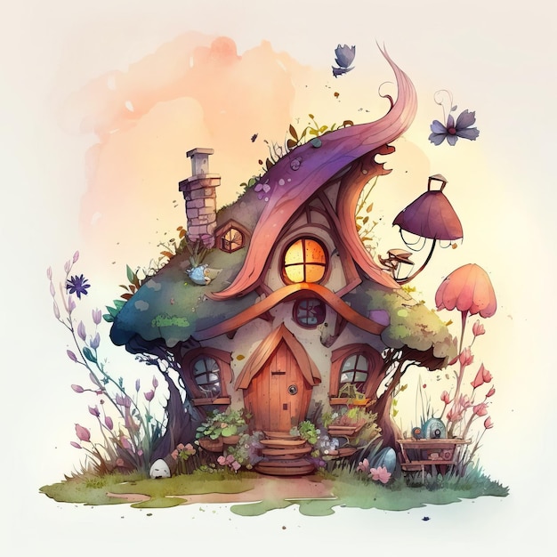 Eine Zeichnung eines Hauses mit einem grünen Dach und einem Pilzhaus auf der Unterseite.