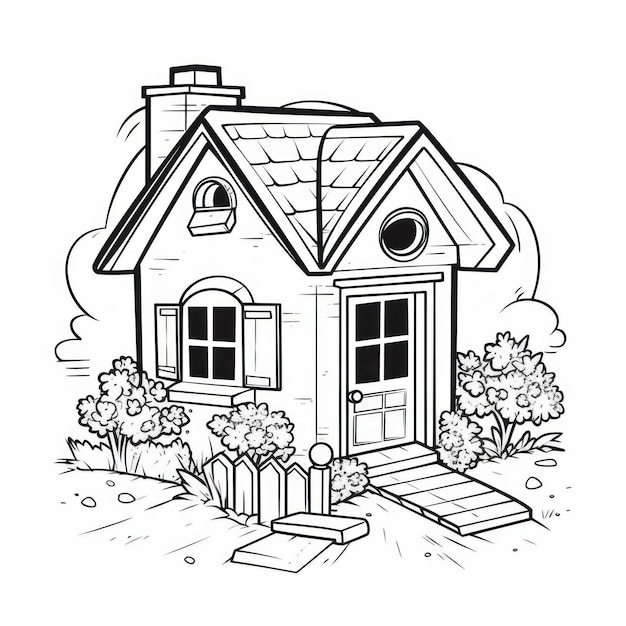 eine Zeichnung eines Hauses mit einem Haus auf der Vorderseite und einem Baum im Hintergrund.