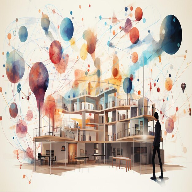 eine Zeichnung eines Hauses mit einem Mann, der vor einem Gebäude mit Ballons im Hintergrund steht