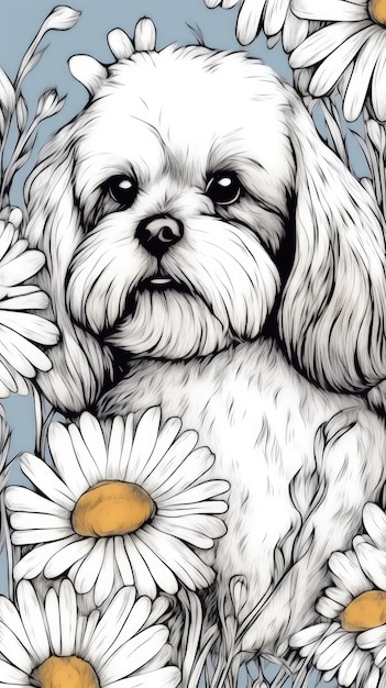Eine Zeichnung eines Hundes mit Gänseblümchen darauf