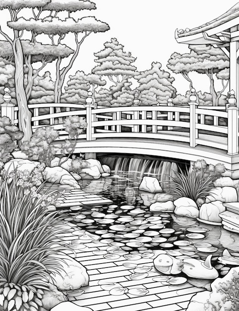 eine Zeichnung eines japanischen Gartens mit einer Brücke über einen Teich, generative KI