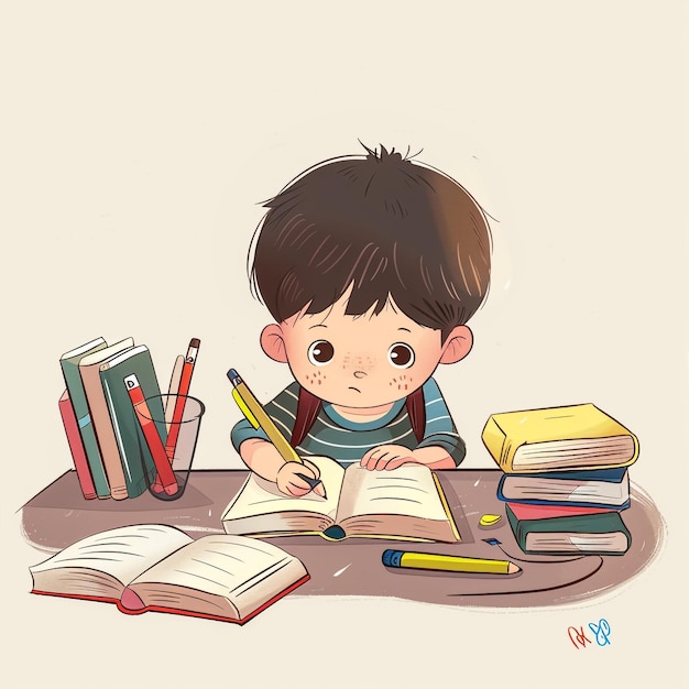eine Zeichnung eines Jungen, der ein Buch mit einem Bleistift liest, und ein Buch mit dem Titel "Das Wort"