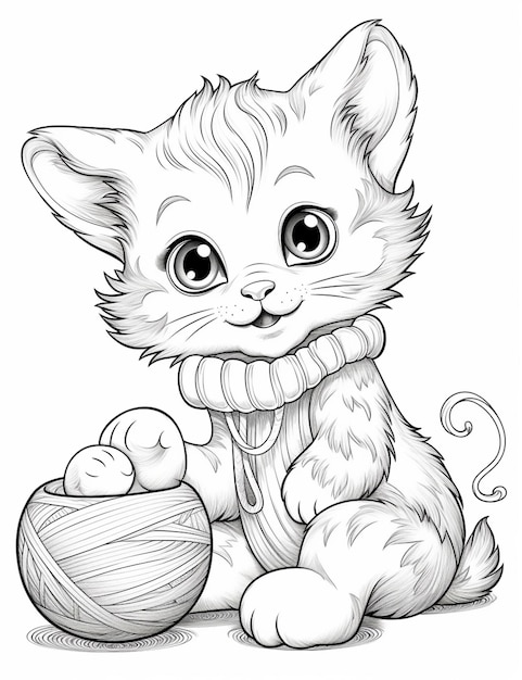 Eine Zeichnung eines Kätzchens mit einem Knäuel aus generativem Garn