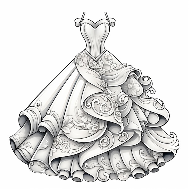eine Zeichnung eines Kleides mit langer Schleppe und großem Rock generative ai