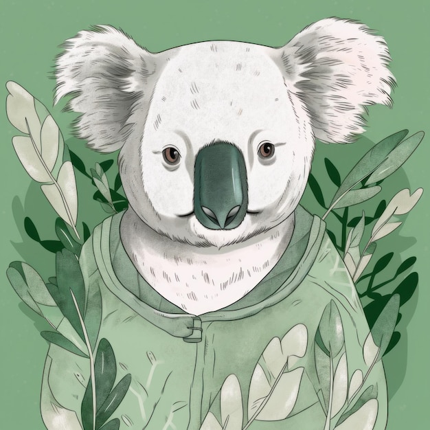 Eine Zeichnung eines Koalas in einem grünen Hemd, generatives KI-Bild