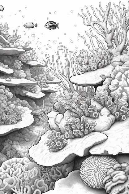 eine Zeichnung eines Korallenriffs mit Fischen und Korallen