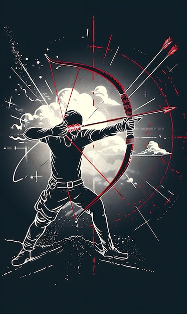 eine Zeichnung eines Kriegers mit Bogen und Pfeil im Himmel