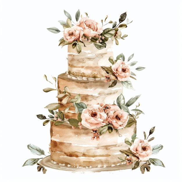 eine Zeichnung eines Kuchen mit rosa Rosen darauf