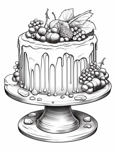 eine Zeichnung eines Kuchens mit Früchten darauf generative KI