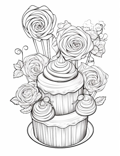 Foto eine zeichnung eines kuchens mit rosen und locksackchen auf der oberseite generativer ai