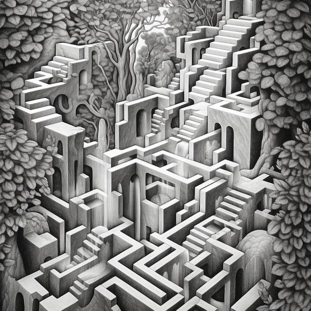 Eine Zeichnung eines Labyrinths mit einem Baum und einem Mann in der Mitte, generative KI