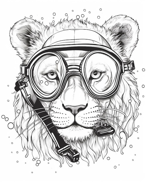 Foto eine zeichnung eines löwen mit schutzbrille und helm