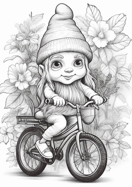 eine Zeichnung eines Mädchens, das auf einem Fahrrad mit Blumen hinter ihrem generativen Ai fährt