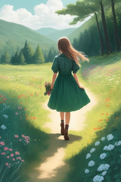 Eine Zeichnung eines Mädchens in einem Kleid, das auf einem Waldweg zu einem wunderschönen grünen Berg geht.