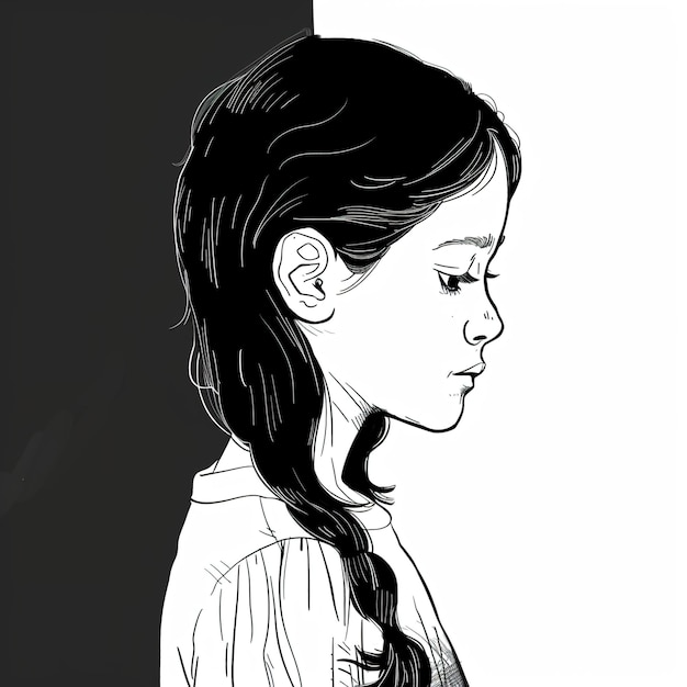 eine Zeichnung eines Mädchens mit einem langen Zopf im Haar