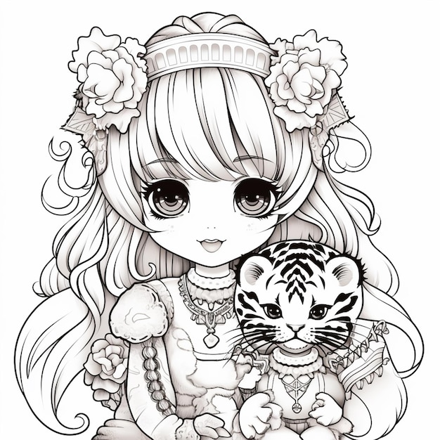 Eine Zeichnung eines Mädchens mit einem Tigerwelpen und einer Katze