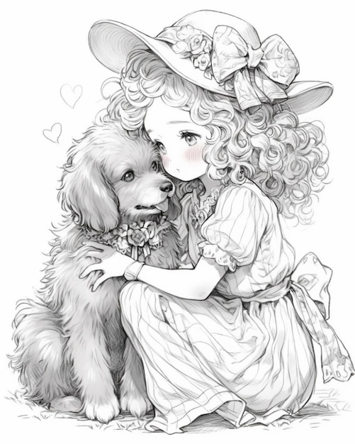 eine Zeichnung eines Mädchens und ihres Hundes sitzen zusammen generativ ai