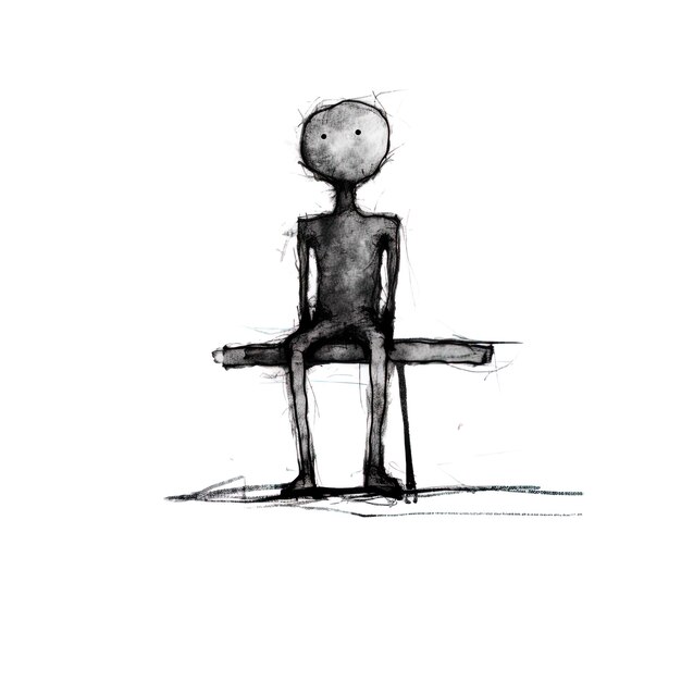 Foto eine zeichnung eines mannes, der auf einem tisch sitzt, mit einem großen gegenstand in der mitte.