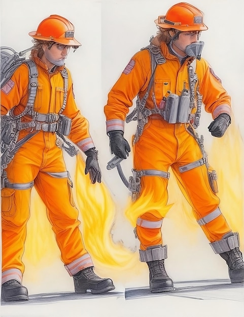 Foto eine zeichnung eines mannes in orangefarbener uniform mit einem feuerwehrmann darauf
