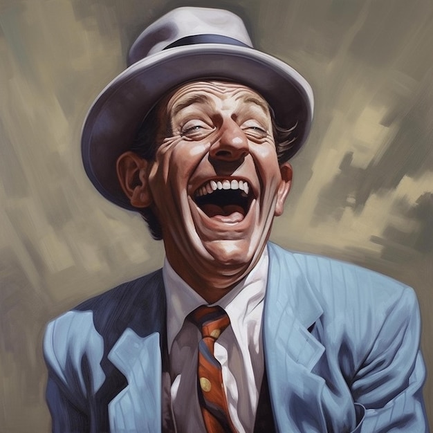 Eine Zeichnung eines Mannes mit einem Hut, auf dem steht: "Er lacht".