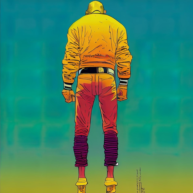 eine Zeichnung eines Mannes mit einer gelben Jacke und einer gelben Jakke mit den Worten unten