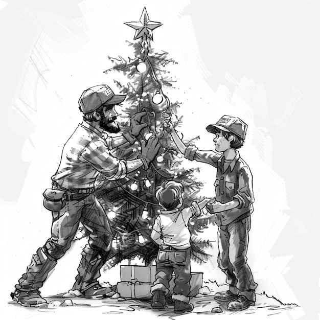 eine Zeichnung eines Mannes und zweier Kinder, die einen Weihnachtsbaum dekorieren