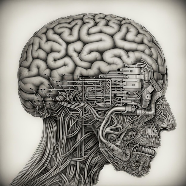 Eine Zeichnung eines menschlichen Kopfes mit einem Gehirn und Drähten darin.