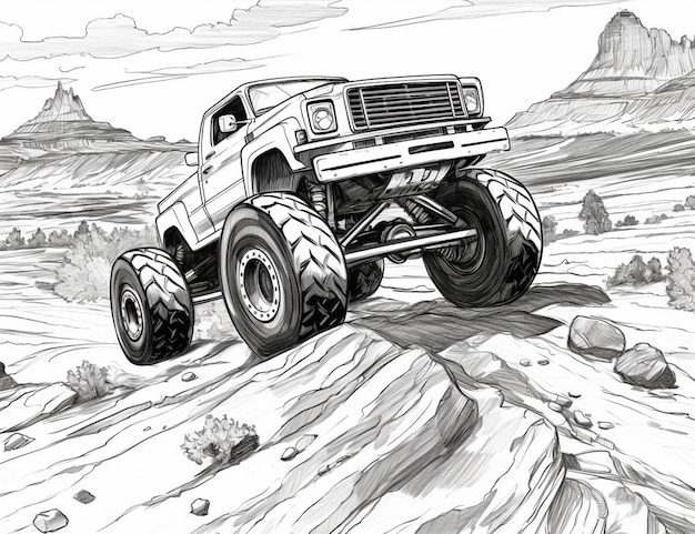 eine Zeichnung eines Monster-Lastwagens, der durch eine Wüste fährt