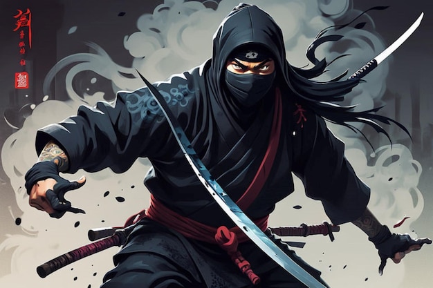 eine Zeichnung eines Ninja mit einem Schwert in der Hand