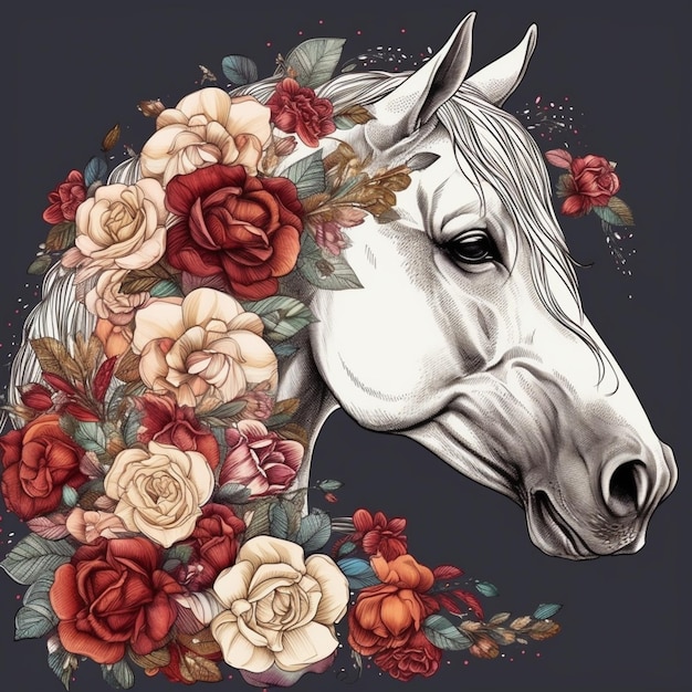 Eine Zeichnung eines Pferdes mit Blumen darauf